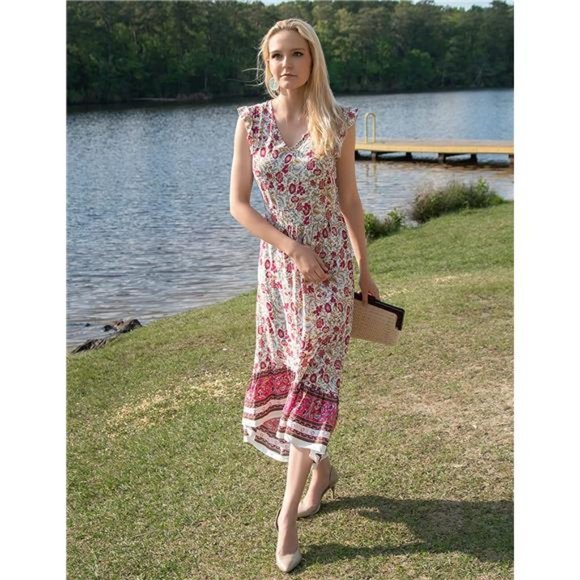 Women's Summer Maxi Dress Casual Floral V Neck Cap Sleeves Boho High Low Midi - Picture 5 of 6
